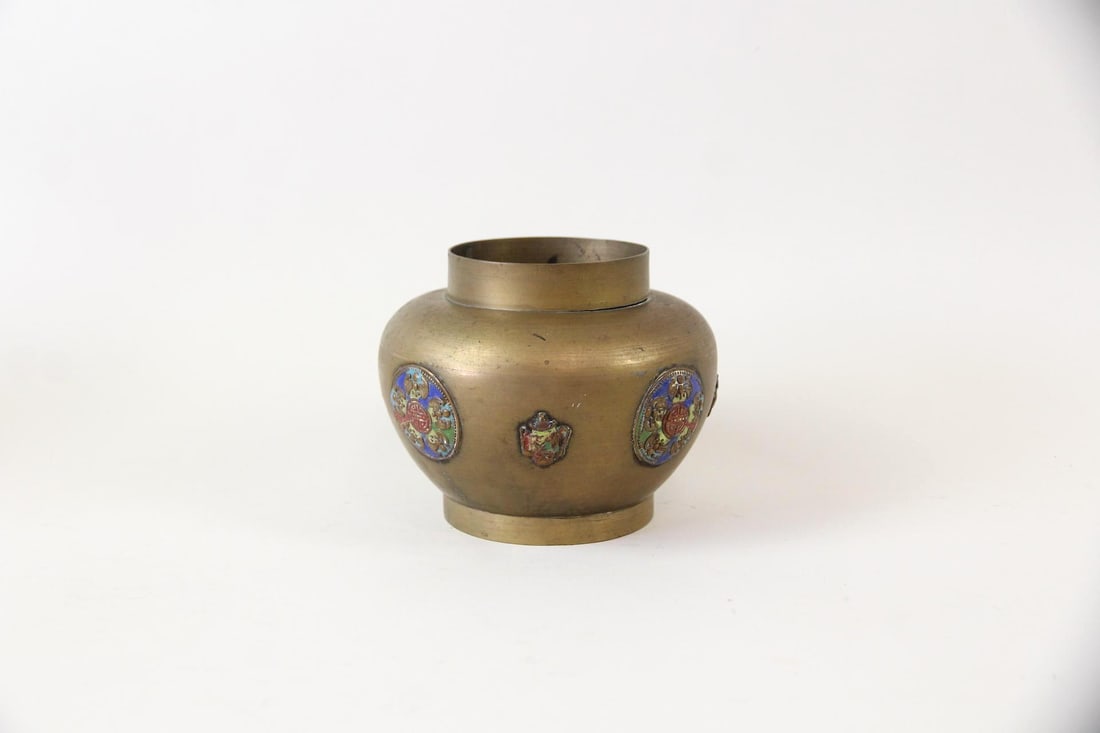 Chinese Brass & Enamel Trinket Jar, Teapot Motif: Chinese Brass & Enamel Trinket Jar Vase, Teapot Motif. A rounded brass vessel with traditional circular & teapot motifs around body in blue, green, yellow, & red enamel. Engraved marking China to