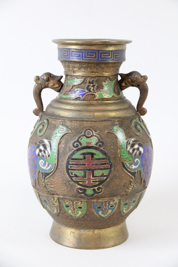Japanese Champleve Cloisonne Bronze Vase with Peacocks (1 of 16)