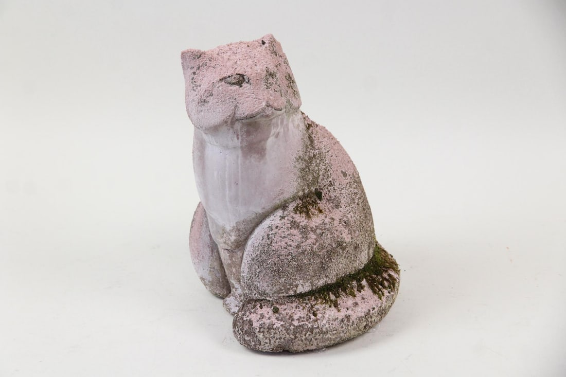 Cast Stone Concrete Cat Garden Sculpture with Moss: Cast Stone Concrete Cat Garden Sculpture with Moss. An adorable small seated cat, cast in concrete. Natural moss add to its charm. Dimensions are 9.5 in h x 7 in w x 7 in d. Condition is good with a