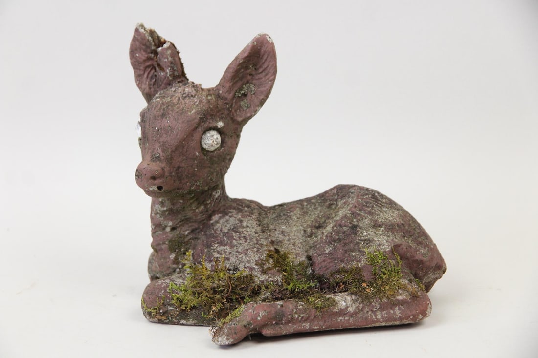 Cast Stone Concrete Deer Garden Sculpture with Moss: Cast Stone Concrete Fawn Deer Garden Sculpture with Moss. An adorable small seated fawn, cast in concrete and painted. Natural moss and lichens add to its charm. Dimensions are 7.75 in h x 8.75 in w