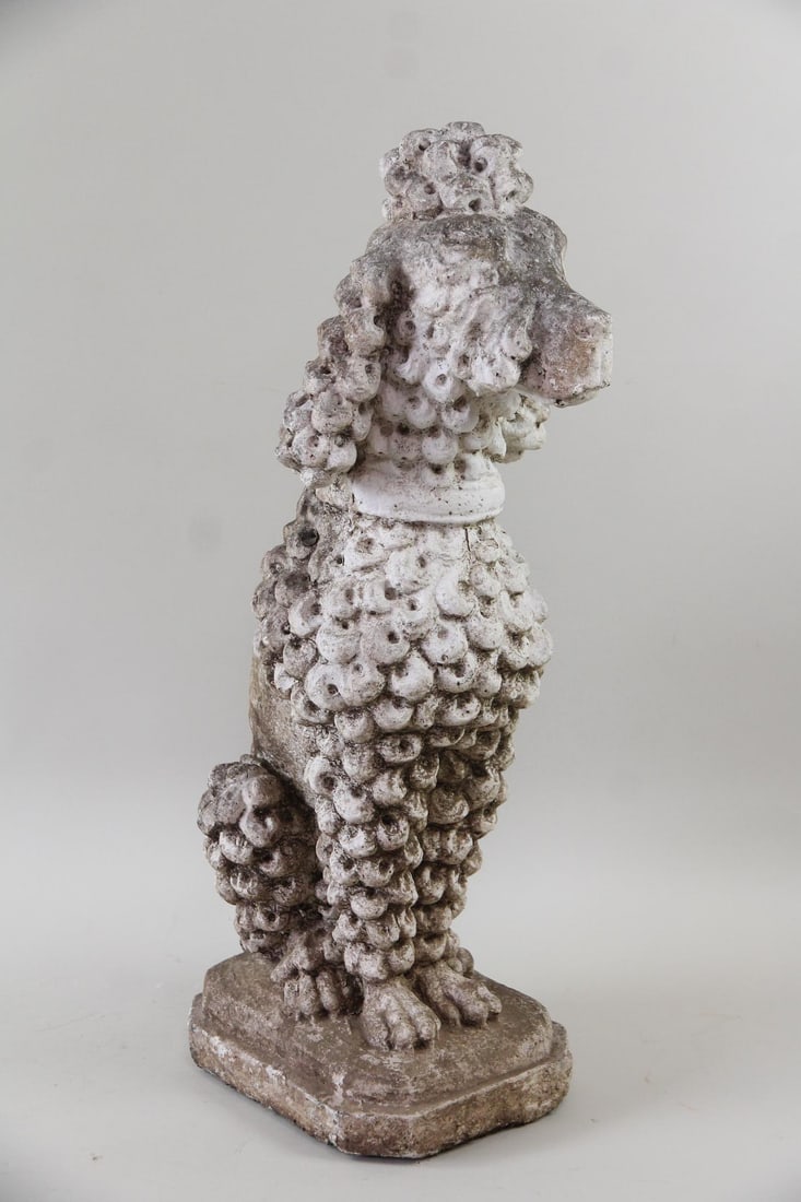 Cast Stone Concrete Poodle Garden Sculpture: Cast Stone Concrete Poodle Dog Garden Statue Sculpture. Almost life size dog sculpture with remarkable details, especially in the curls of the dog's fur. Dimensions are 27 in h x 8.75 in w x 16.5 in