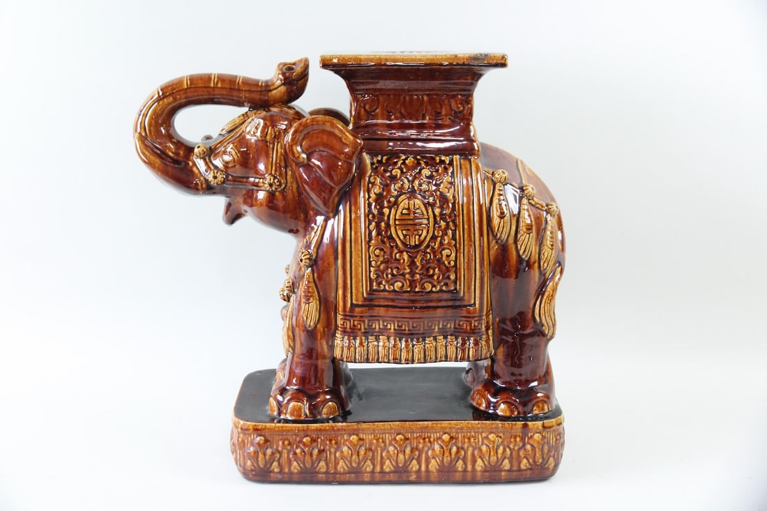 Root Beer Glazed Ceramic Elephant Figural Garden Stool (1 of 10)