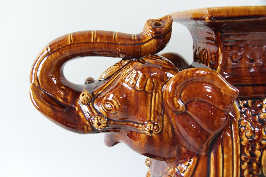 Root Beer Glazed Ceramic Elephant Figural Garden Stool - 2