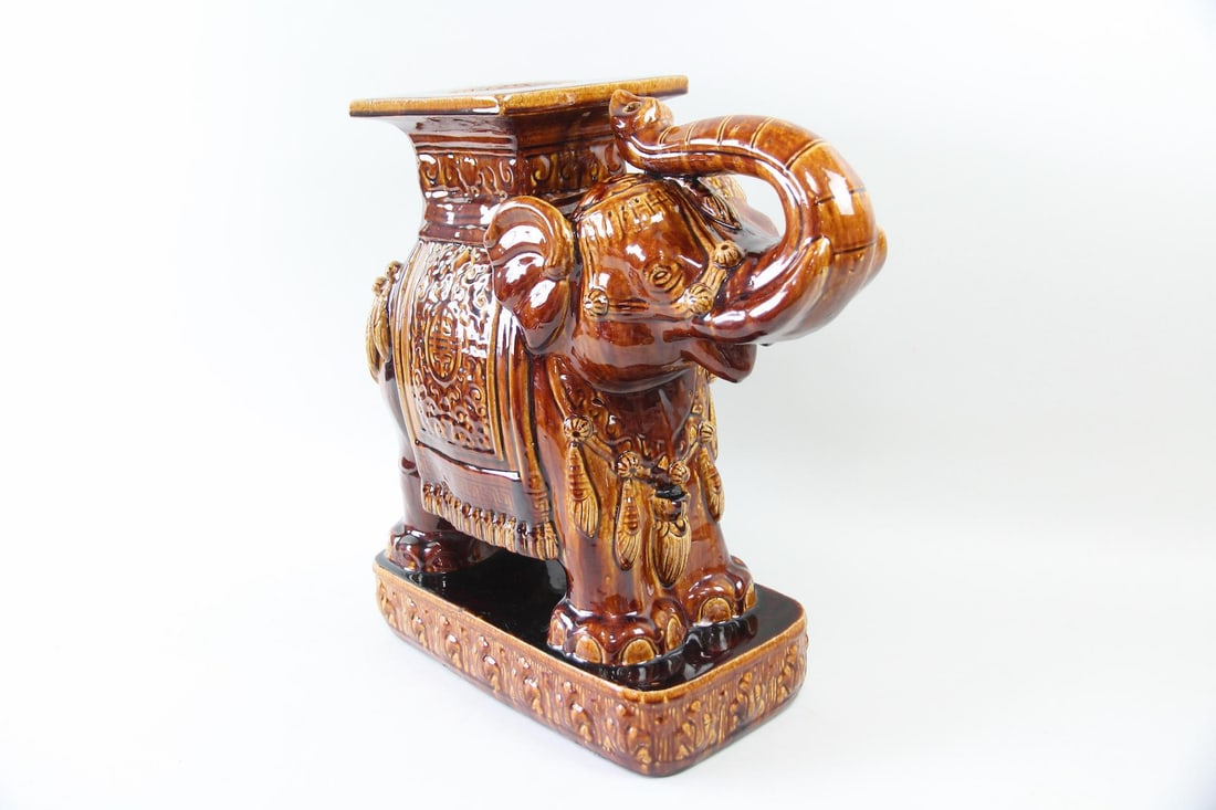 Root Beer Glazed Ceramic Elephant Figural Garden Stool - 3