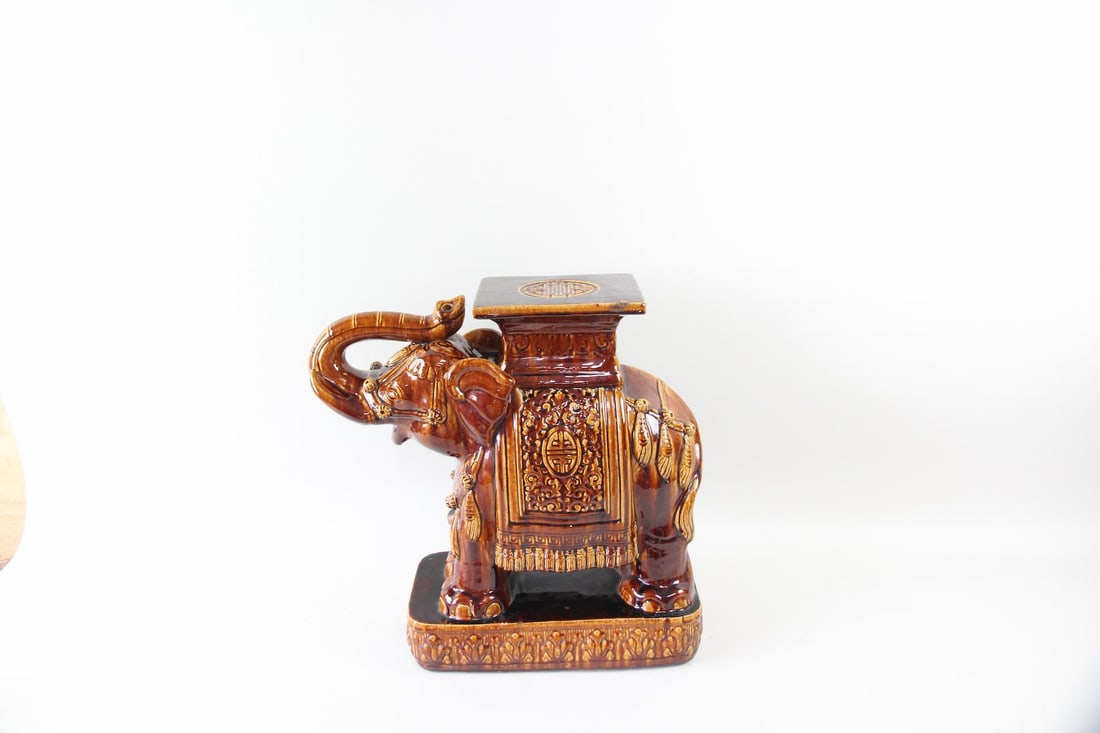 Root Beer Glazed Ceramic Elephant Figural Garden Stool - 6