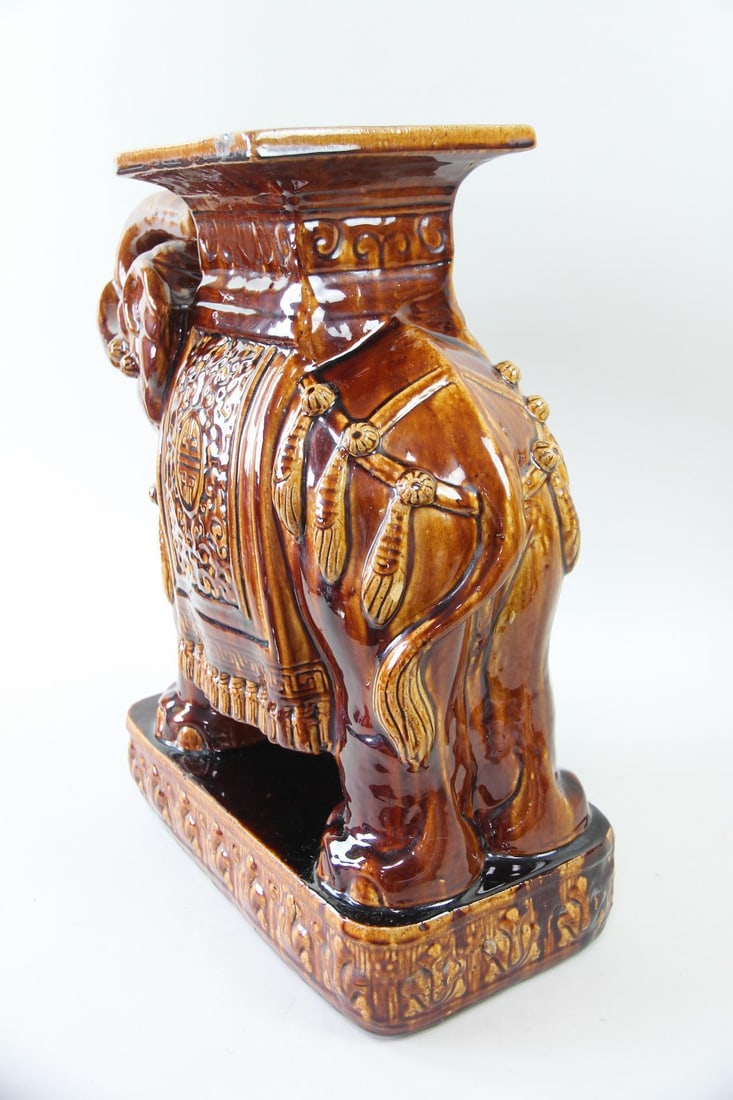 Root Beer Glazed Ceramic Elephant Figural Garden Stool - 8
