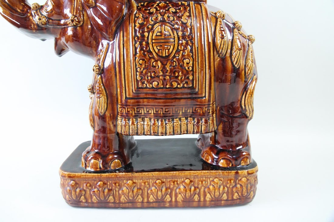Root Beer Glazed Ceramic Elephant Figural Garden Stool - 9