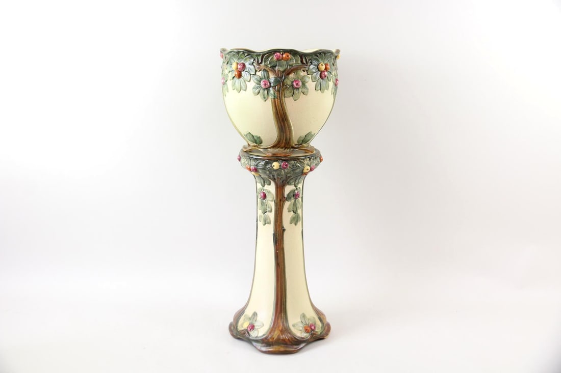 Weller Pottery Baldin Apple Tree Jardiniere & Pedestal: Art Nouveau Weller Pottery Jardiniere Planter, Apple Tree. A ceramic jardiniere and pedestal featuring an intricate, relief apple tree design decorated with green foliage & hanging fruit. Unmarked,