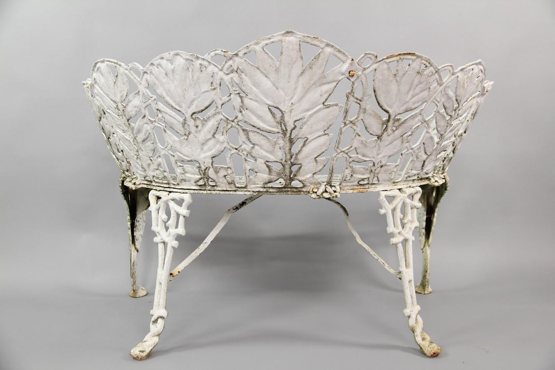 19th C. Cast Iron Concave Laurel Leaf Pattern Garden Bench - 11
