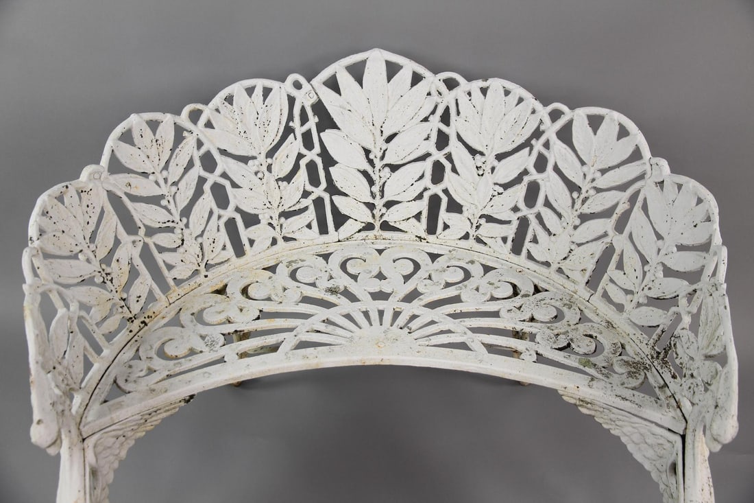 19th C. Cast Iron Concave Laurel Leaf Pattern Garden Bench - 2