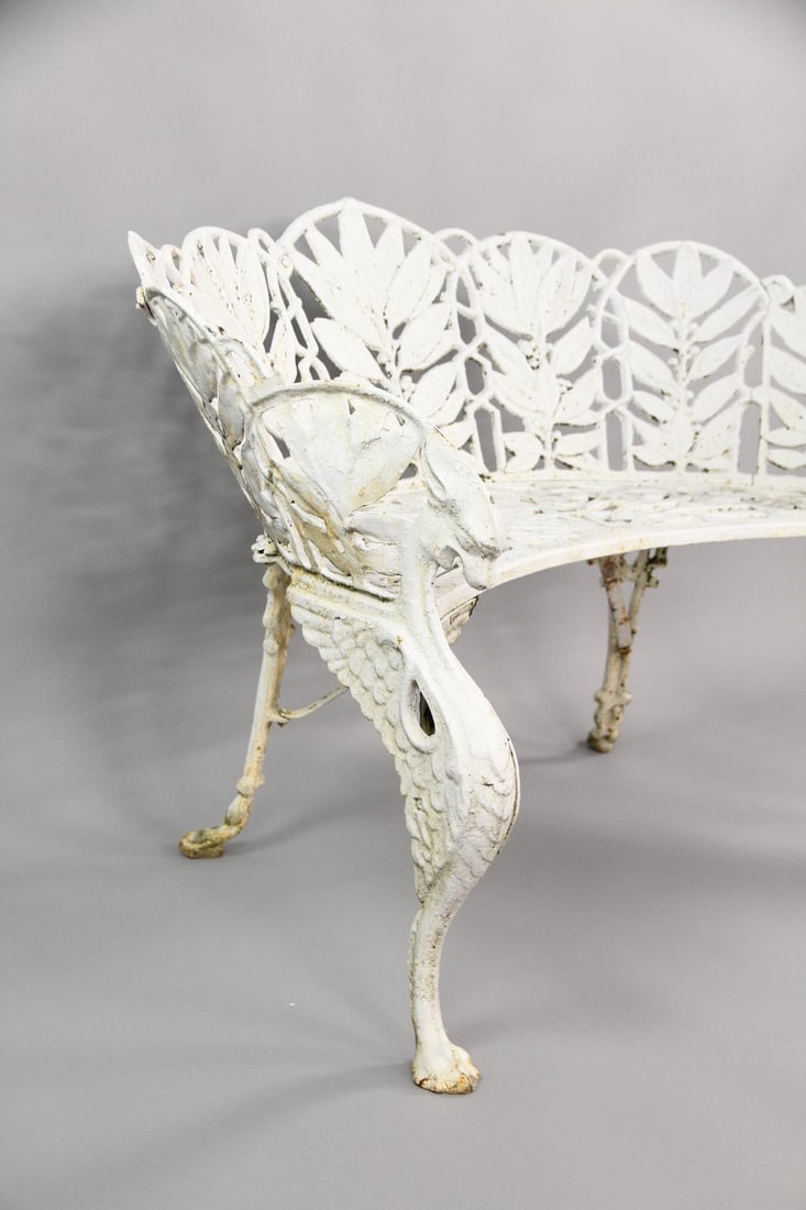 19th C. Cast Iron Concave Laurel Leaf Pattern Garden Bench - 5