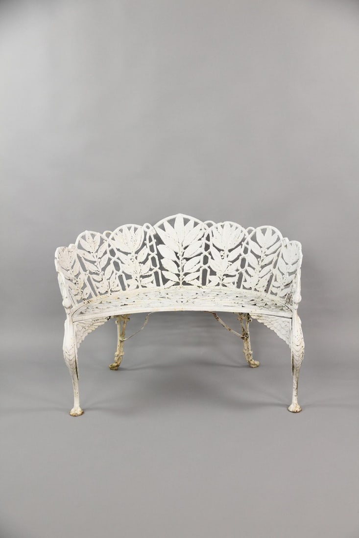 19th C. Cast Iron Concave Laurel Leaf Pattern Garden Bench - 7