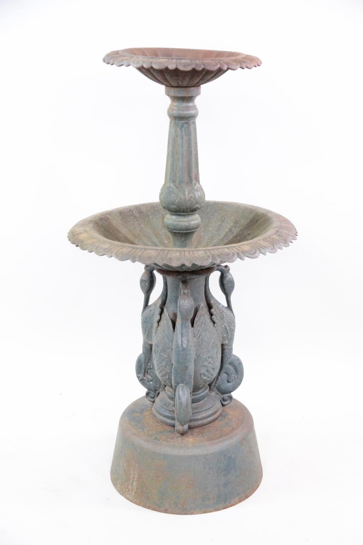 Cast Iron Heron Decoration Garden Fountain: Cast Iron Heron Decoration Garden Fountain. Nice age to the painted green surface. No breaks. Dimensions are 46 in h x 24 in w x 24 in d. Condition is good with some of the bolts to connect the tiers 