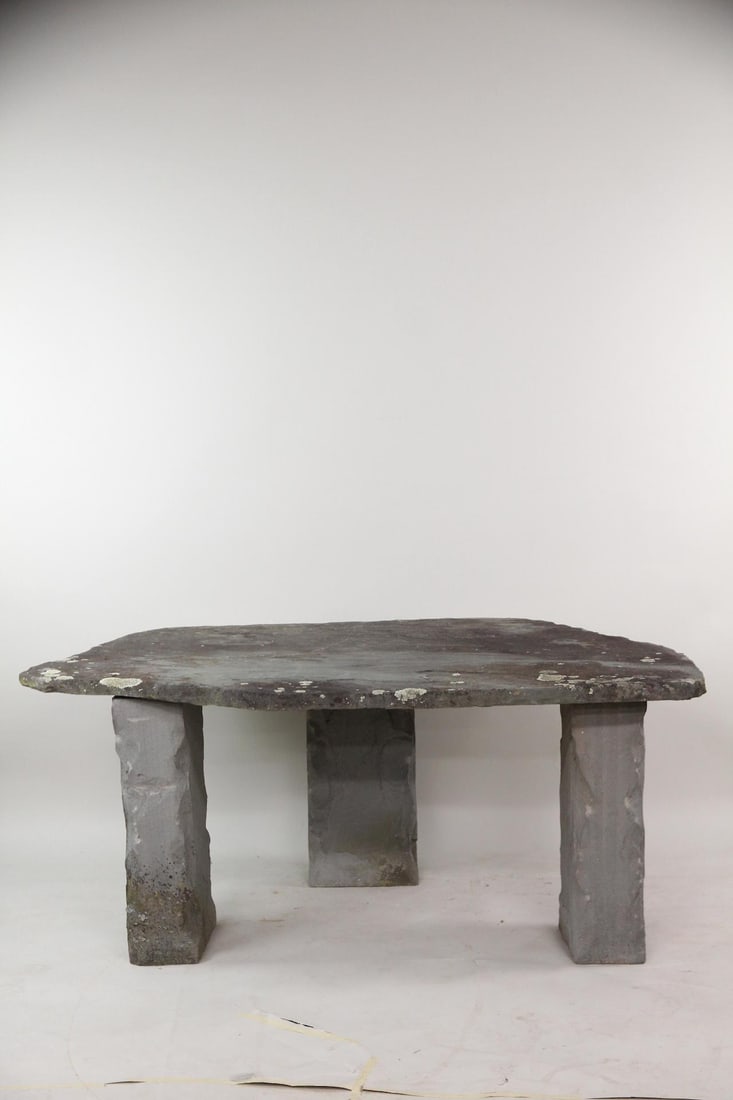 Large 6 ft. Live Edge Bluestone Stone Garden Table: Large 6 ft. Live Edge Bluestone Stone Garden Table. This is a wonderful stone table for outdoors, with massive stone top being about 2.5 inches thick with nice patina and lichen. The base consists of