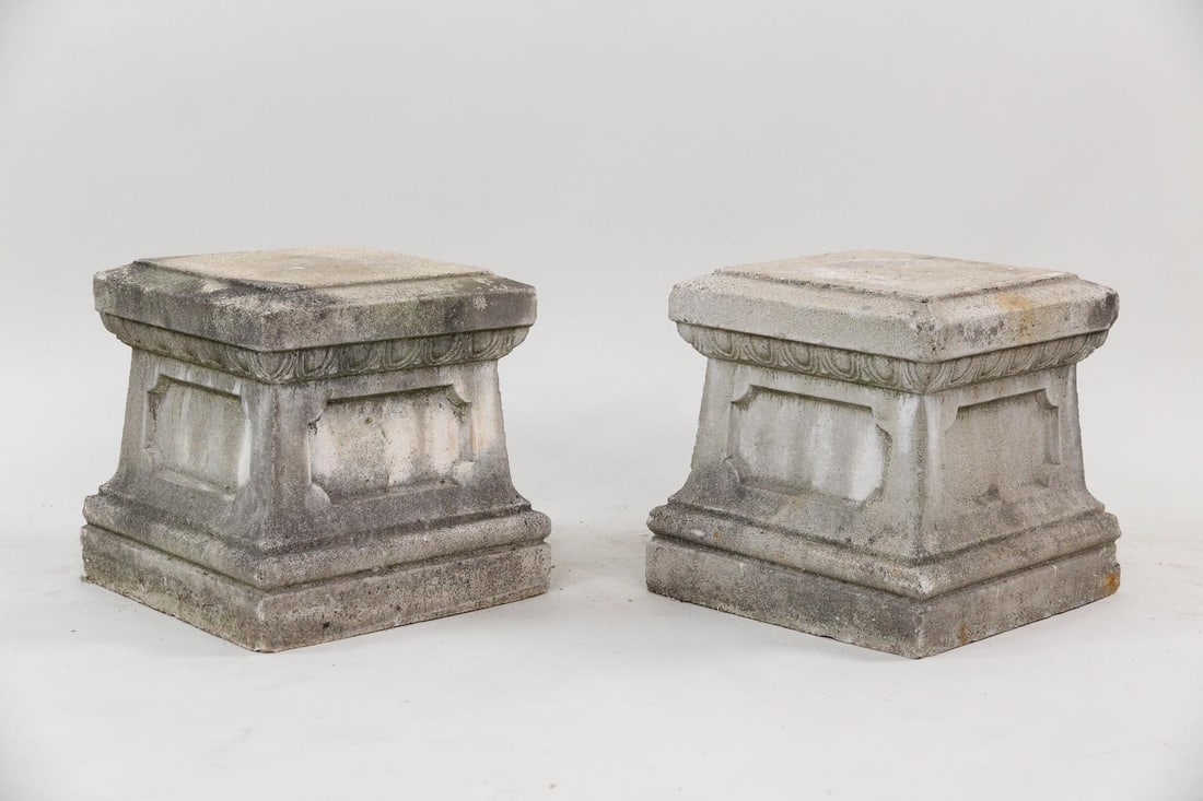 Pair of Cast Stone Concrete Garden Sculpture Pedestals, 1 of 2: Pair of Cast Stone Concrete Garden Sculpture Pedestals, 1 of 2. Simply add your favorite concrete garden figure to the pedestal. Nice patina to the concrete surface. We have more in our other auctions