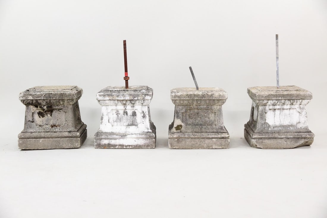 Lot of 4 Cast Stone Concrete Garden Sculpture Pedestals: Lot of 4 Cast Stone Concrete Garden Sculpture Pedestals. Simply add your favorite concrete garden figure to the pedestal. Nice patina to the concrete surface. Three have iron rods coming out of them. 