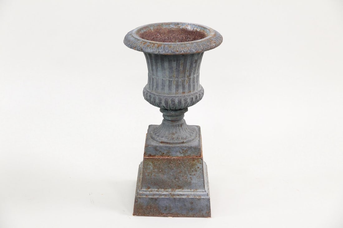 Small Black Cast Iron Planter Urn on Pedestal (1 of 8)