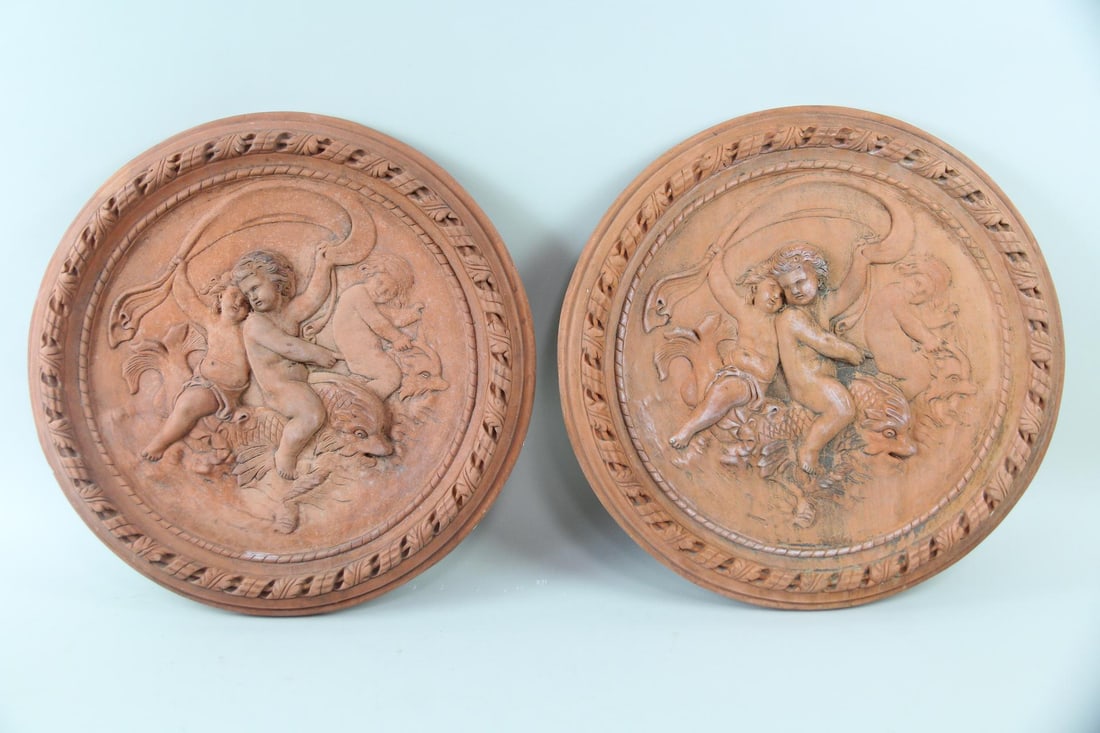 Pair of Terra Cotta Garden Wall Plaques, Cherubs with Mythical Sea Creatures (1 of 10)