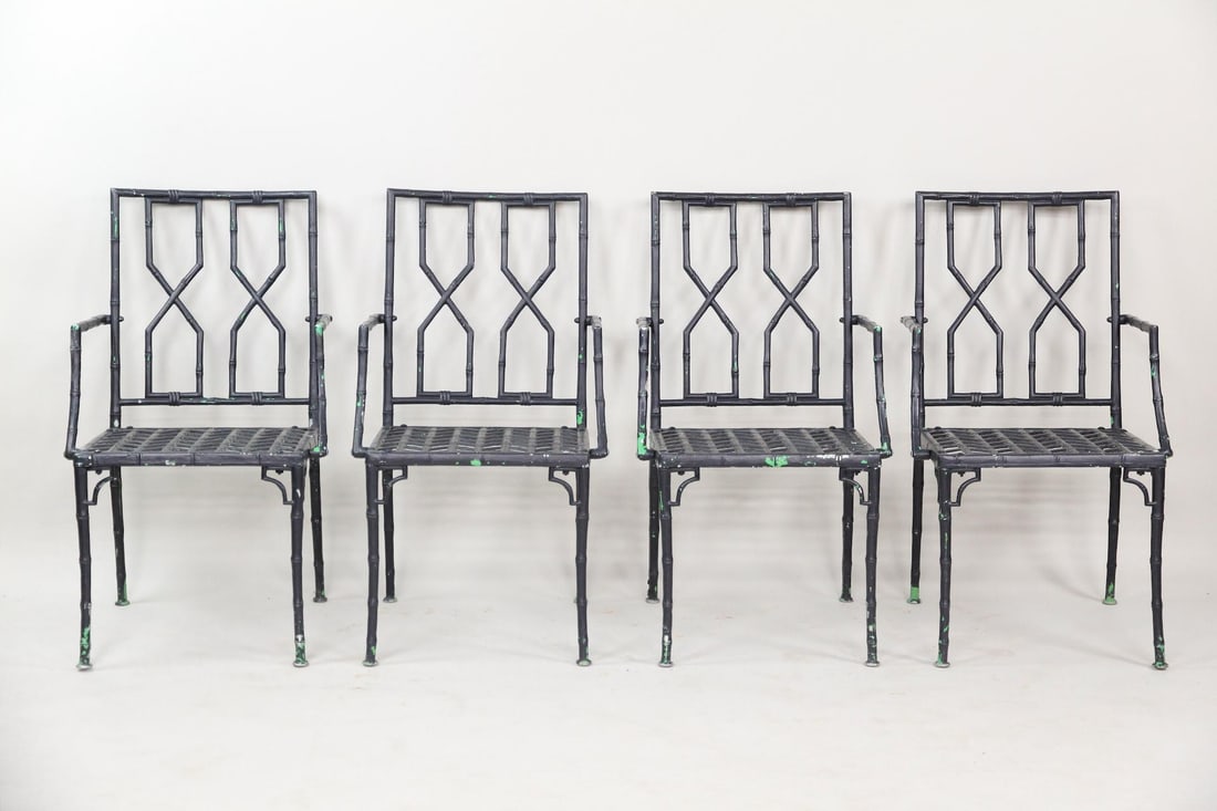 Set of 4 Aluminum Faux Bamboo Outdoor Chairs, Chinoiserie: Set of 4 Mid Century Modern Aluminum Faux Bamboo Chinoiserie Outdoor Chairs. They have black paint with remnants of green underneath. Solid and not corroded. Dimensions are 35 in h x 20.5 in w x 20.5 