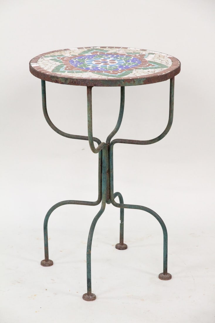 Mid Century Modern Tile Top Outdoor Side Table: Mid Century Modern Tile Top Outdoor Side Table. This round and tall tile top table has nice mid century style to the base. Dimensions are 27.5 in h x 18 in w x 18 in d. Condition is fair. Missing tile