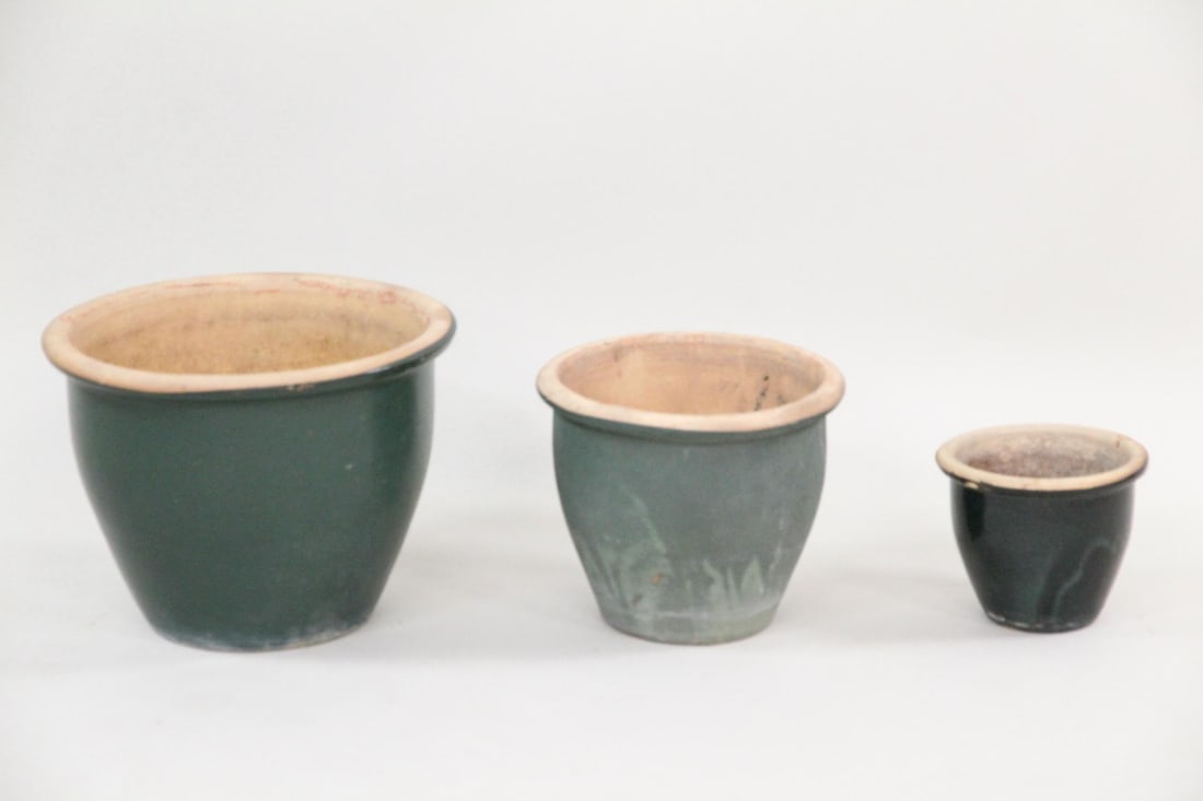 Set of 3 Graduated Green Glazed Pottery Garden Planters (1 of 8)