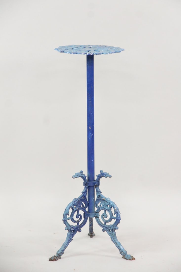 Victorian Cast Iron Plant Stand, Blue Paint: Victorian Cast Iron Plant Stand Pedestal, Blue Paint. A plant stand with a scrolling cast iron tripod base and ornate rounded top. It has a great shade of blue paint. Dimensions are 35.75 in h x 15 in
