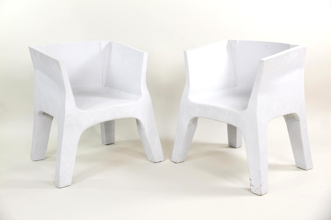 Pair of Angular Carved Wood Cubist Chairs: Pair of Minimalist Angular Carved Wood Cubist Chairs, Artisan Made. A pair of unique chairs with a tub shape and thick, splayed legs. Made of wood and painted pale gray. Dimensions are 32.25 in h x 27