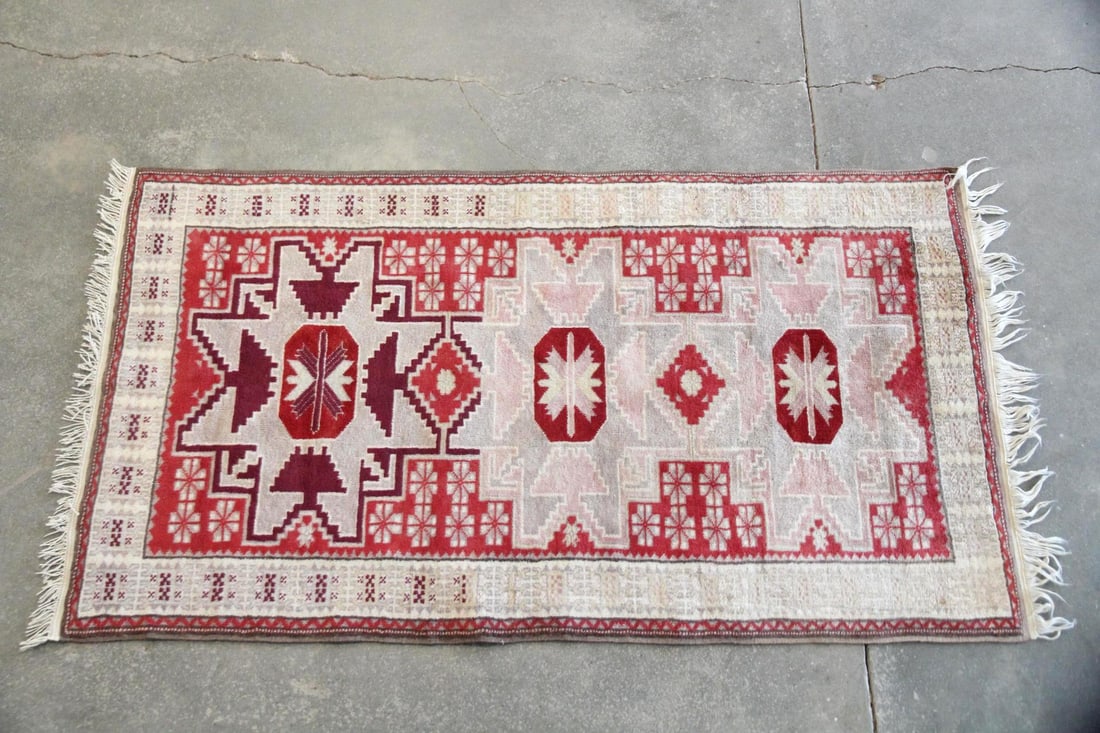 Geometric Turkish Oushak Wool Rug, Violet & Red: Geometric Turkish Oushak Wool Rug, Violet & Red. A Turkish style rug with strong geometry, featuring bold red, violet, and cream colors. Made of wool on cotton with a flexible handle. Dimensions are 8