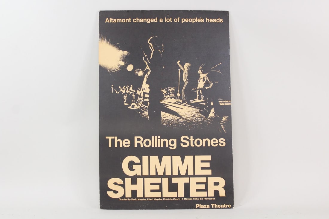 Large Rolling Stones 'Gimme Shelter' Poster: Large Rolling Stones 'Gimme Shelter' Foamcore Poster, Maysles Film. This black and white advertisement one-sheet is for the 1970 tour documentary Gimme Shelter, following the Rolling Stones' 1969 tour
