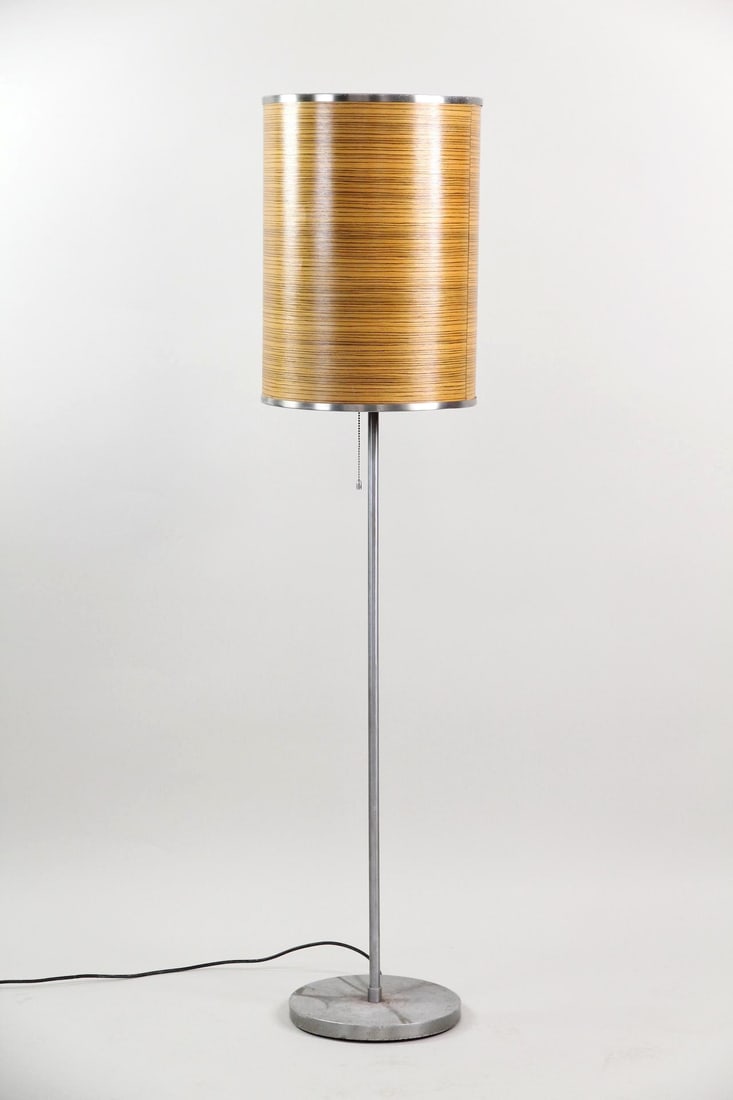 Minimalist Steel Floor Lamp with Wood Veneer Shade (1 of 6)