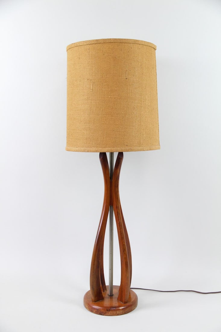 Sculptural Teak Table Lamp with Burlap Shade (1 of 9)