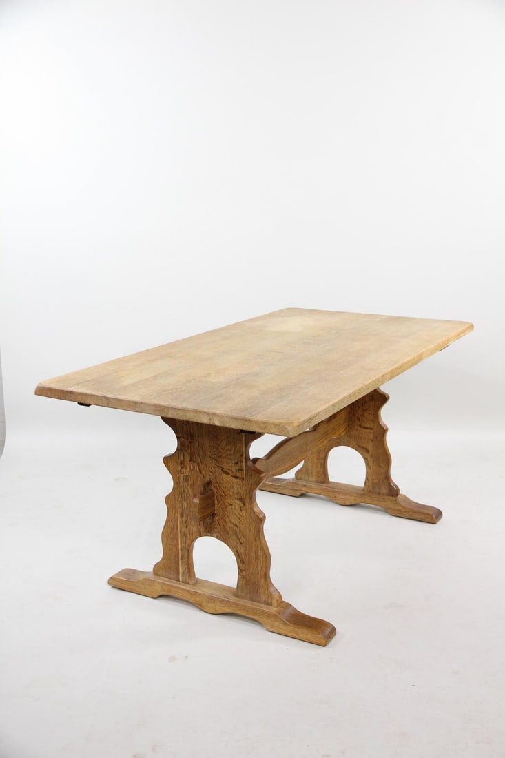 Danish Oak Trestle "Folk" Dining Table, Mobler, Henning Kjaernulf: Danish Oak Trestle Dining Table, Mobler, looks like designed by Henning Kjaernulf. Table with 2 Leaves. Versatile table with carved base expands to a larger table with 2 leaves. The label reads Carl E