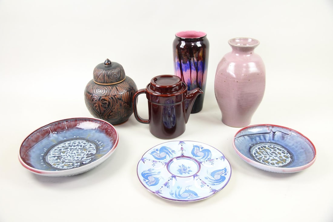Lot of 7 Studio Pottery Vessels & Danish Platter, Blues & Reds (1 of 18)