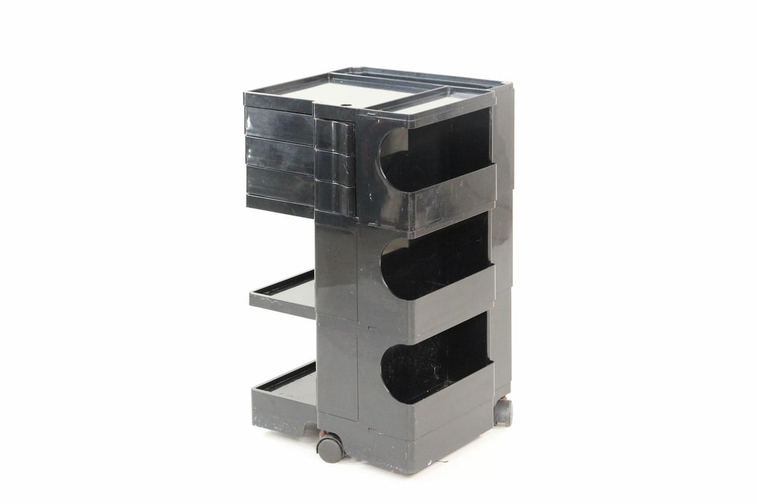 Joe Colombo Boby Portable Storage Trolley, Artist's Cart: Joe Colombo Boby Portable Storage System Utility Cart. This black plastic postmodern storage cart rolls on wheels and has open shelves, cubby storage, distinctive rotating drawer trays. Signed Joe