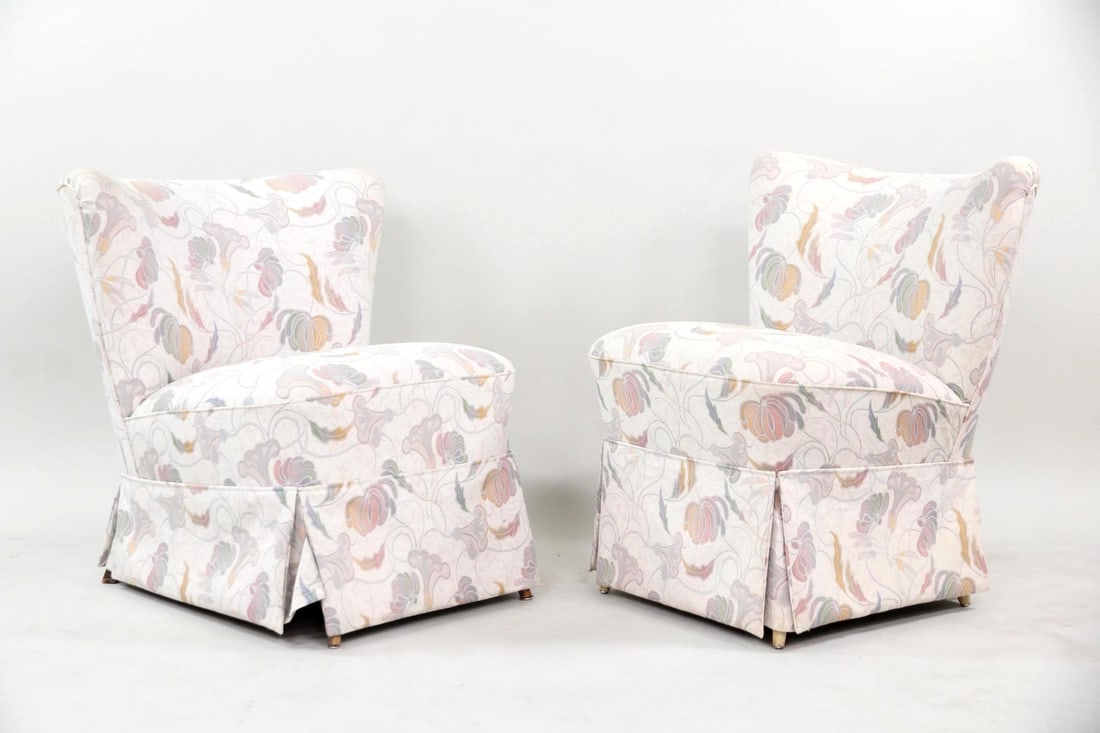 Pair of Floral Upholstery Slipper Chairs: Pair of Danish Mid-century Modern Slipper Chairs, Floral Upholstery. Pair of slipper chairs with slightly different proportions and matching floral upholstery in light, muted violet, green, and