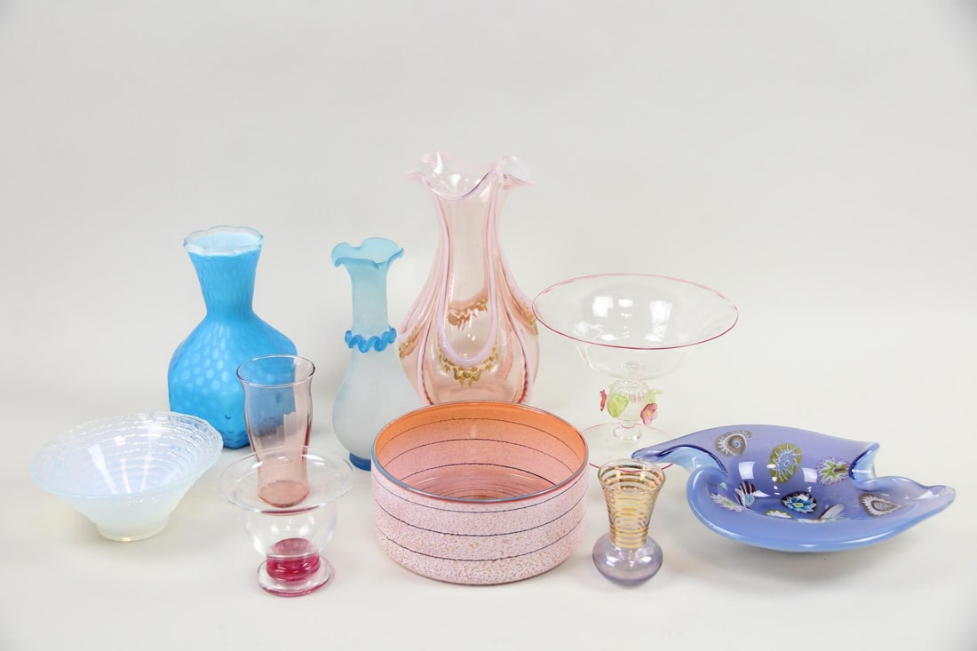 Lot of 10 Pink & Blue Art Glass, Murano: Lot of 10 Pink & Blue Art Glass. Varied lot with pieces from the Victorian period through the mid 20th century. Includes a pink Murano-style art glass vase, Murano blue opalescent art glass bowl with 