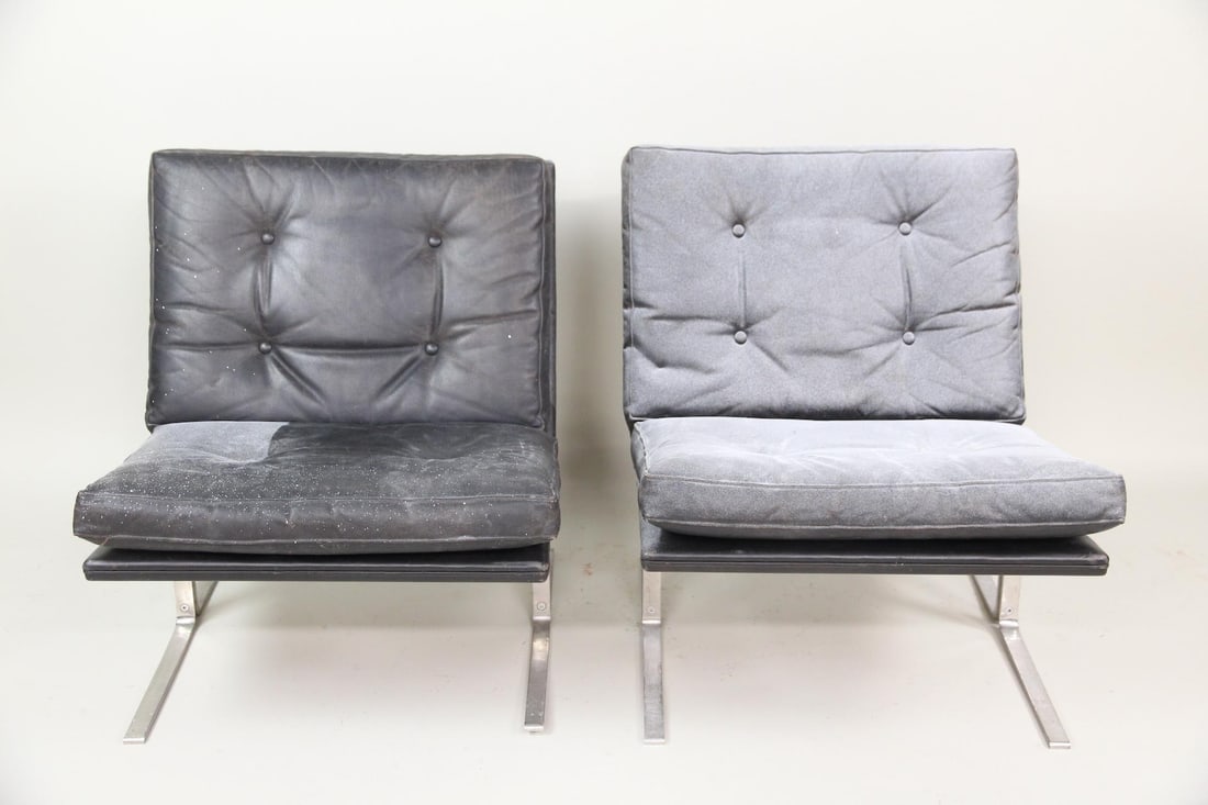 Pair of Poul Nørreklit for Centrum Møbler Lounge Chairs: Pair of Danish Modern Poul Nørreklit for Centrum Møbler Lounge Chairs. Pair of project chairs with steel frames and leather seats. Marked Centrum Mobler, Made in Denmark. Dimensions are 30 in h x 25