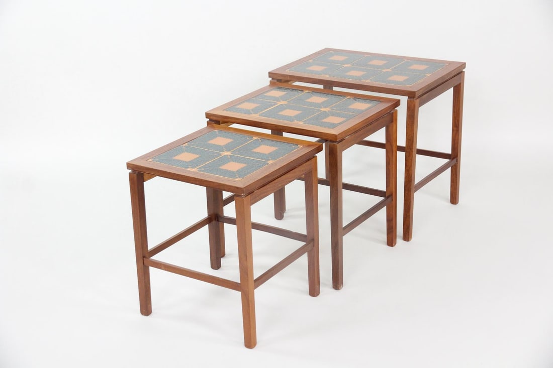Set of 3 Teak & Ceramic Tile Nesting Tables, Orange & Blue (1 of 12)