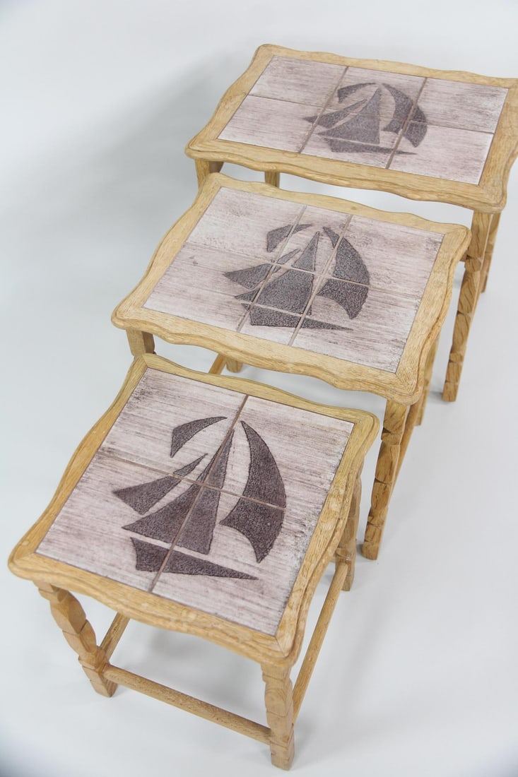 Set of 3 Nesting Tables with Sailboat Tile Tops, Henning Kjaernulf (1 of 11)