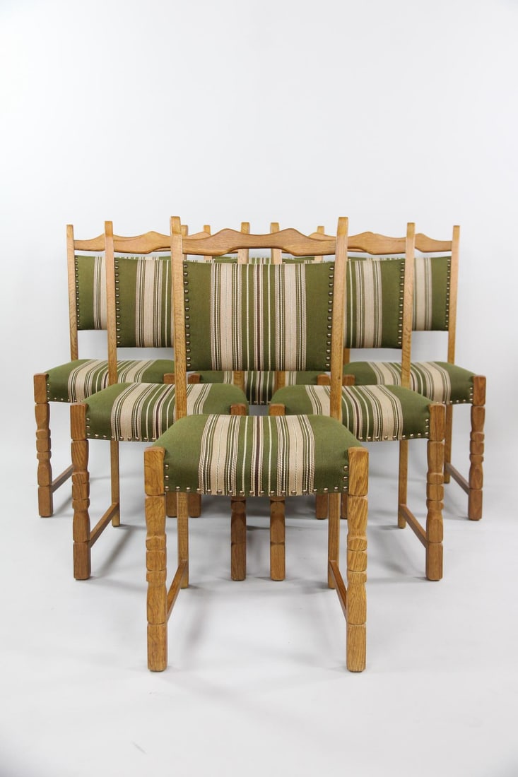 Set of 6 Danish Oak Green Dining Chairs, Henning Kjaernulf (1 of 14)