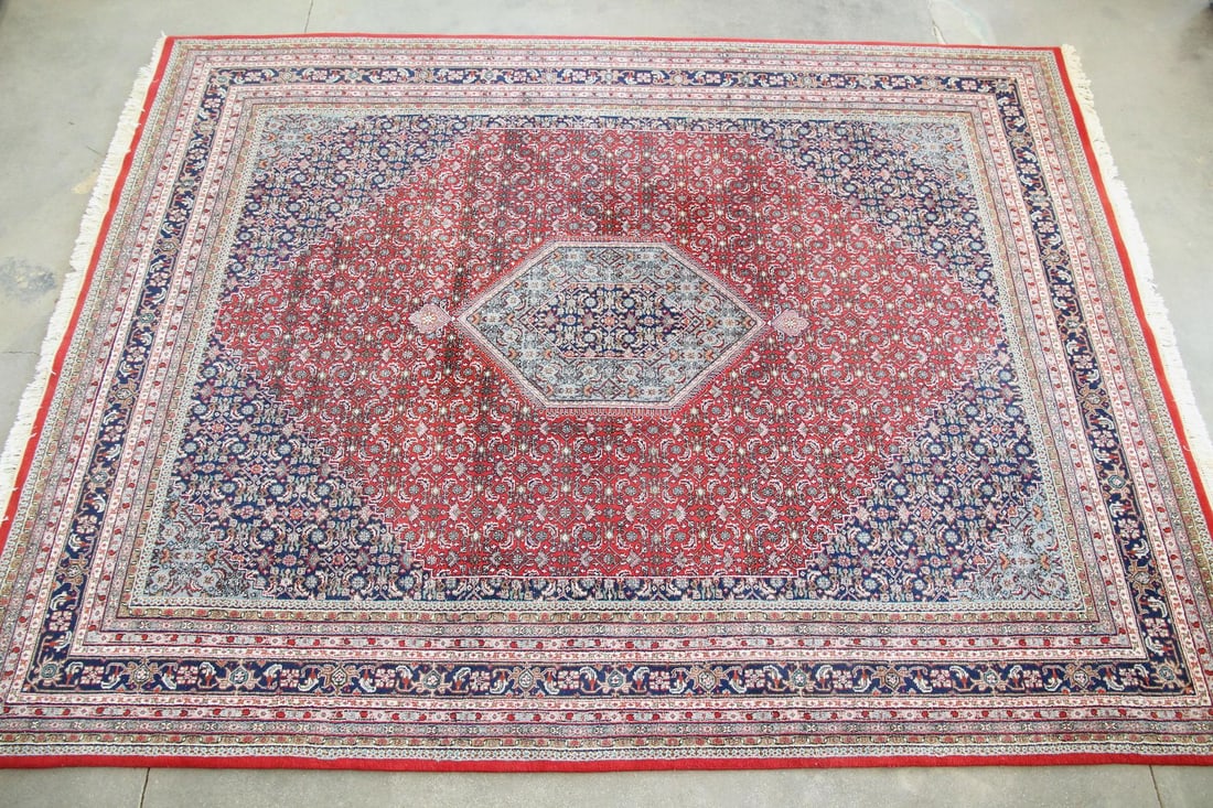 Room-sized Persian Bidjar Style Botanical Rug, 10 x 13.5 Ft: Room-sized Persian Bidjar Style Botanical Rug, 10 x 13.5 Ft. A large area rug featuring a traditional hexagon medallion, all-over small-scale motifs, and multiple borders. Made of densely knotted wool
