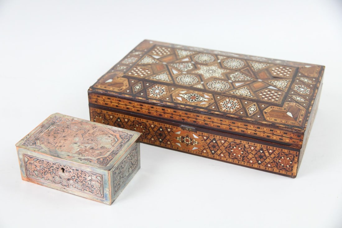 Lot of 2 Trinket Boxes, French Silver-Plate & Middle Eastern Marquetry (1 of 16)