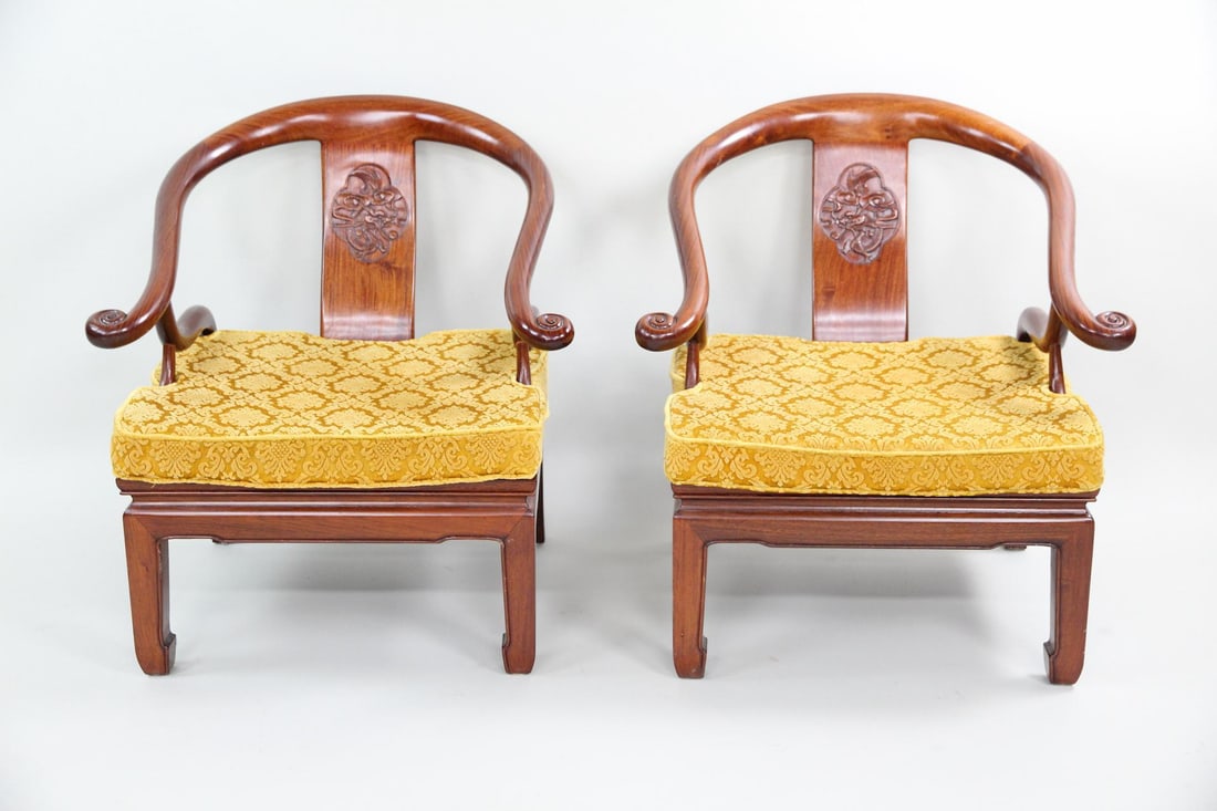 Pair of Chinese Wooden Horseshoe Armchairs with Dragons (1 of 16)