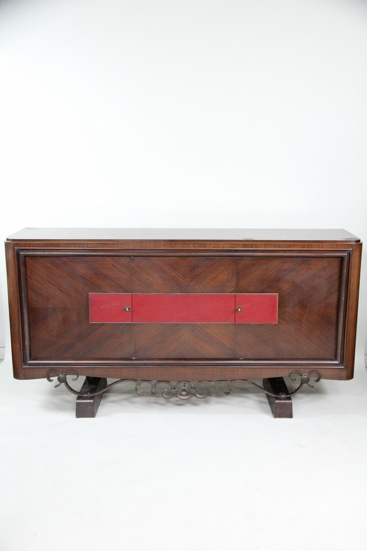 Art Deco Mahogany & Red Leather Buffet Credenza (1 of 11)