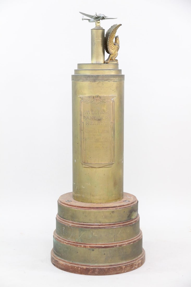 Art Deco Airplane Aviation Trophy, Brass & Wood: Art Deco Aviation Trophy, William Randolph Hearst, Brass & Wood. A large trophy for light plane racing, sponsored by publisher William Randolph Hearst and won by Carroll L. Johns in 1941. It sits on a