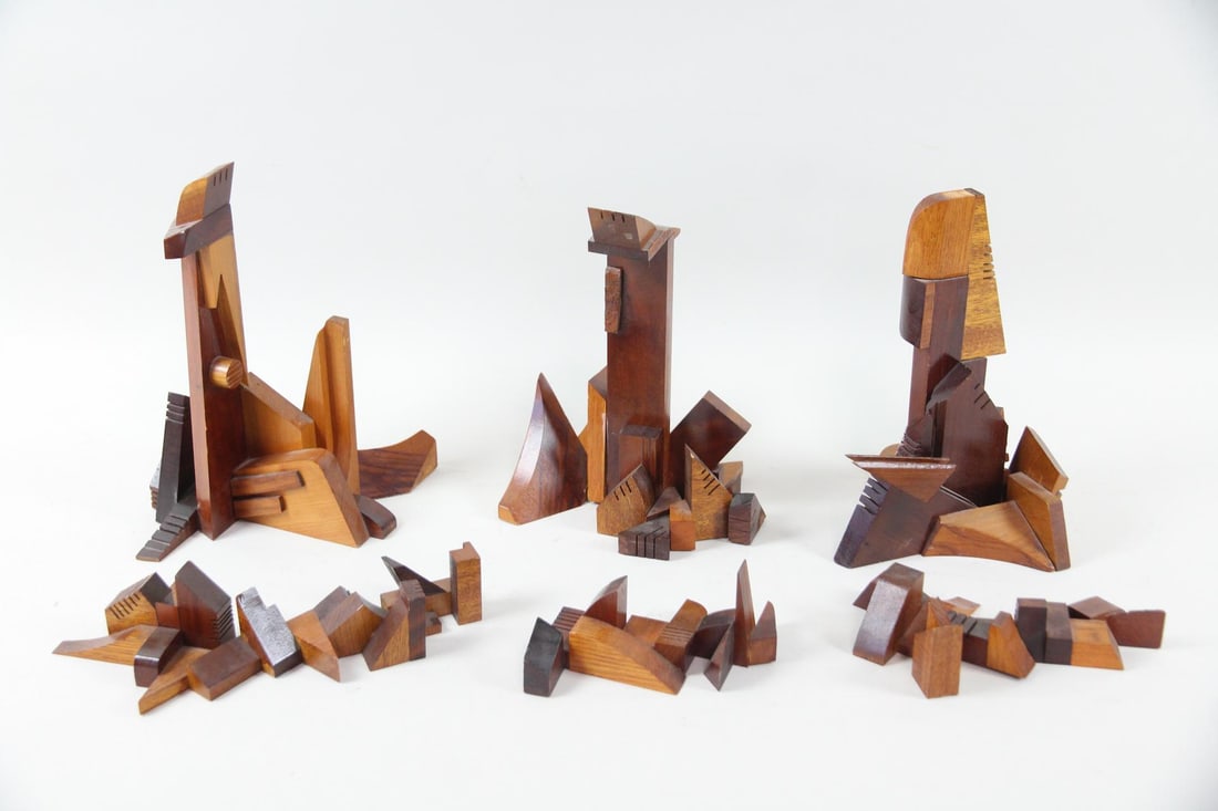 Lot of 6 Small Abstract Cubist Mixed Wood Sculptures (1 of 9)