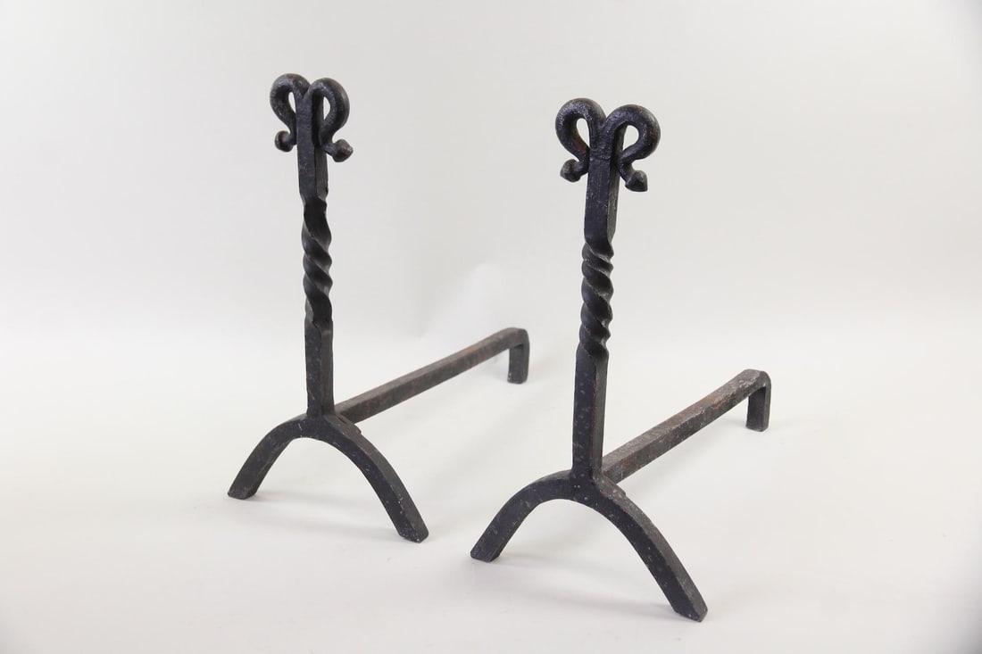 Pair of Wrought Iron Andirons with Hearts or Ram's Heads (1 of 6)