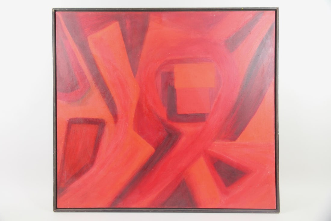 Large Abstract Oil Painting, Geometric Red Shapes, 1964: Large Mid-century Modern Abstract Oil Painting, Geometric Red Shapes, 1964. Large oil on canvas painting entitled "Red #3" with a composition of dynamic red shapes in reds & browns. Unsigned, possibly