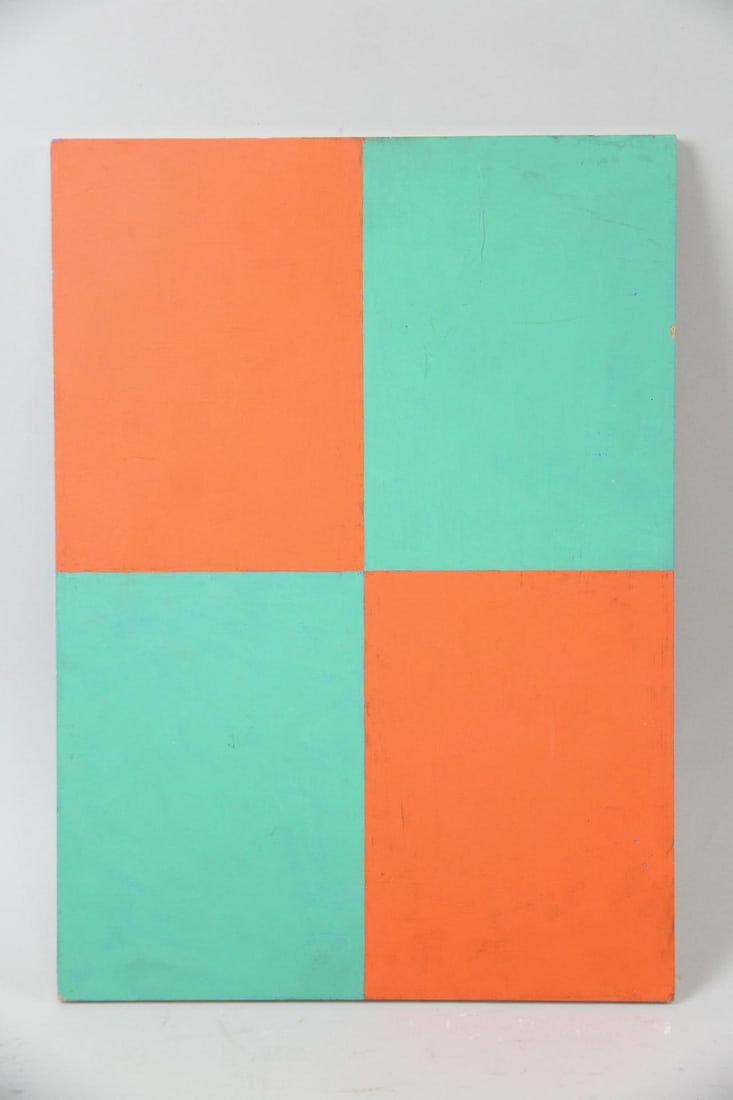 Cary Smith Geometric Abstract Painting "The Grove" 1984: Cary Smith Geometric Abstract Painting "The Grove" 1984. Oil and wax painting on fiberboard in green and orange. Titled, dated and signed on the back The Grove Summer Camp Series 1984 by the artist