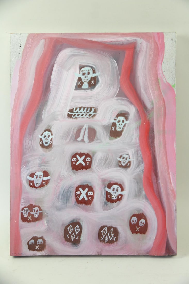 Maia Evarista Ibar Painting "Death Equation" 2011: Maia Evarista Ibar Painting "Death Equation." Painting on stretched canvas with skulls and symbols, pink, red and white being the dominanat colors. Signed lower left by contemporary artist Maia Evaris